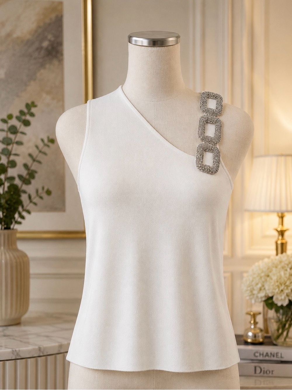 White Sleeveless One-Shoulder Top with Rhinestone Chain Detail